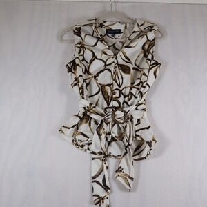 Jones New York Sleeveless Blouse Women's Small Floral Belted Brown White Coastal